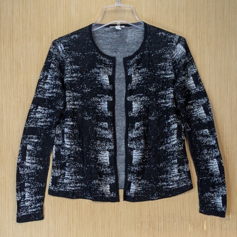 Eileen Fisher Organic Linen Abstract Knit Open Cardigan Size XS Black White